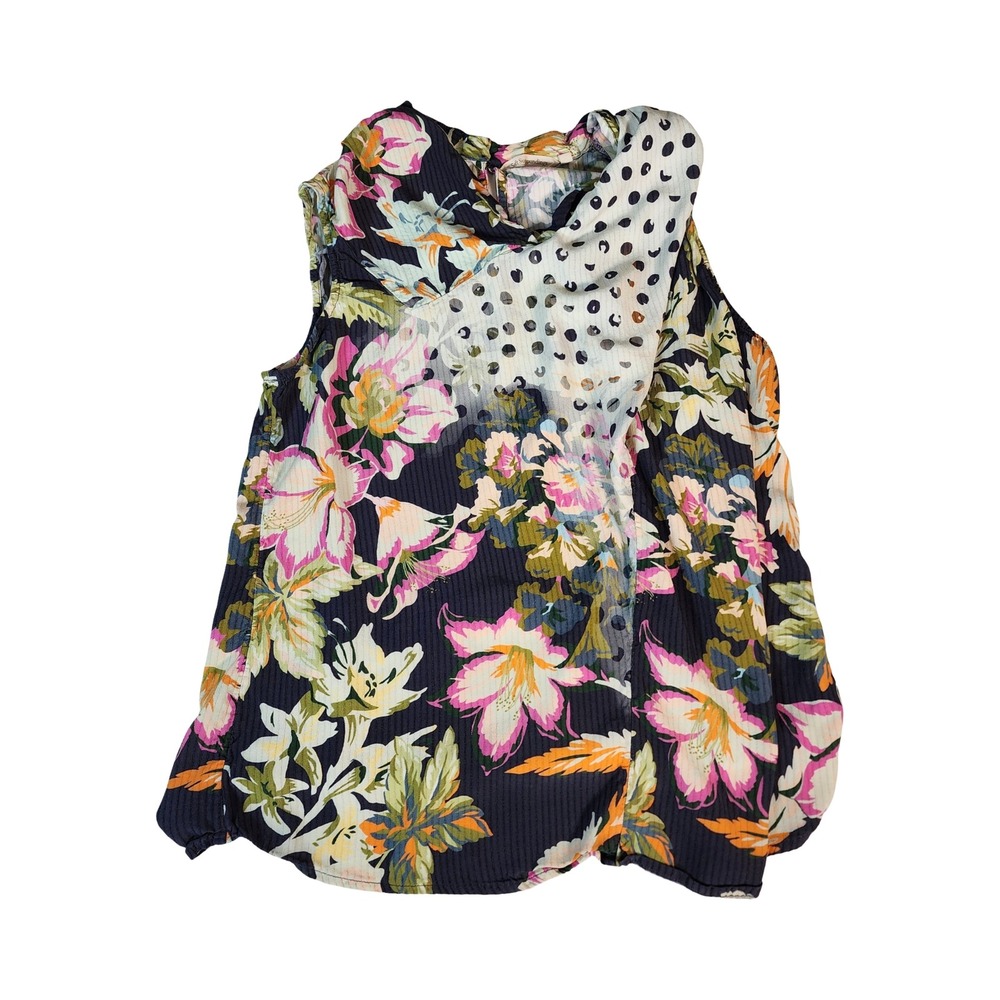 Soft Surroundings Womens Navy Floral Polka Dot‎ Cowl Neck Sleeveless Blouse M